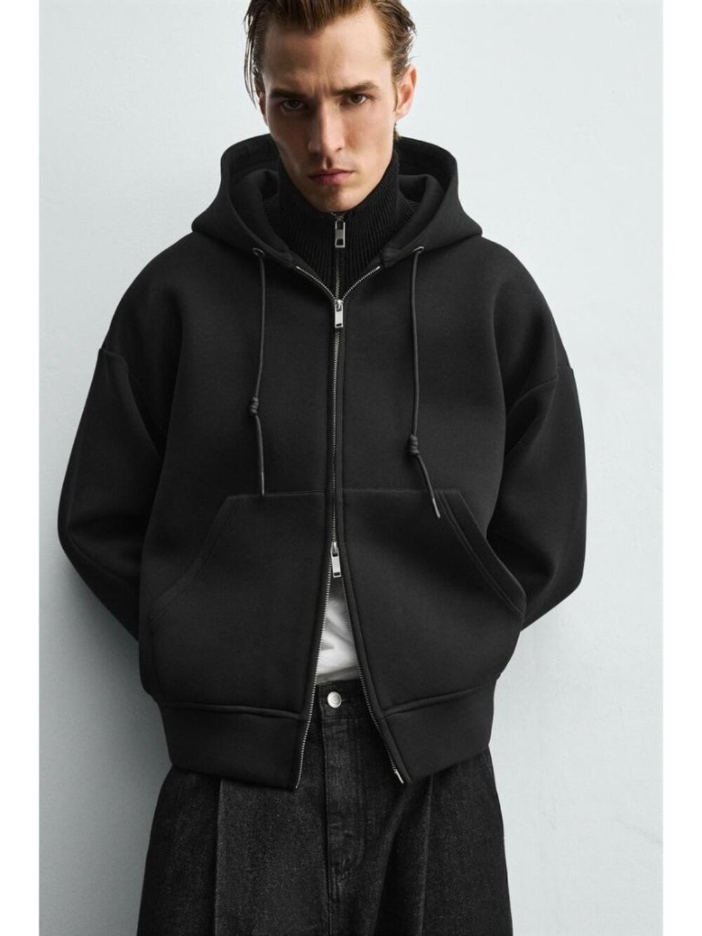 Zara Mens Hoodie Sweatshirt XL Black Full Zip Stretch Technical Relaxed Fit NWOT